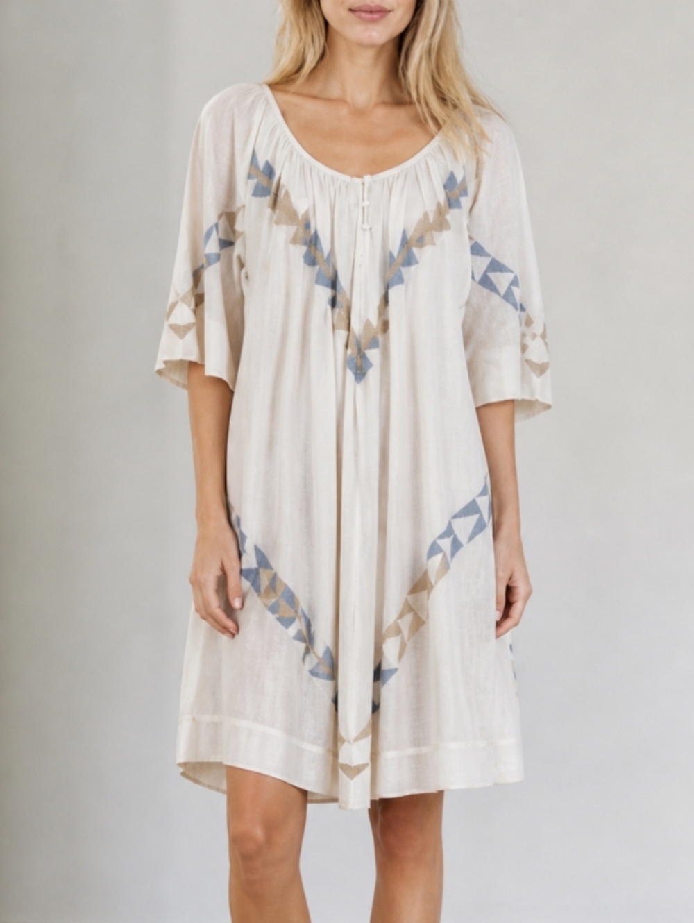 Mirth Handmade Palm Springs Cotton Mini Dress Geometric Cream XS